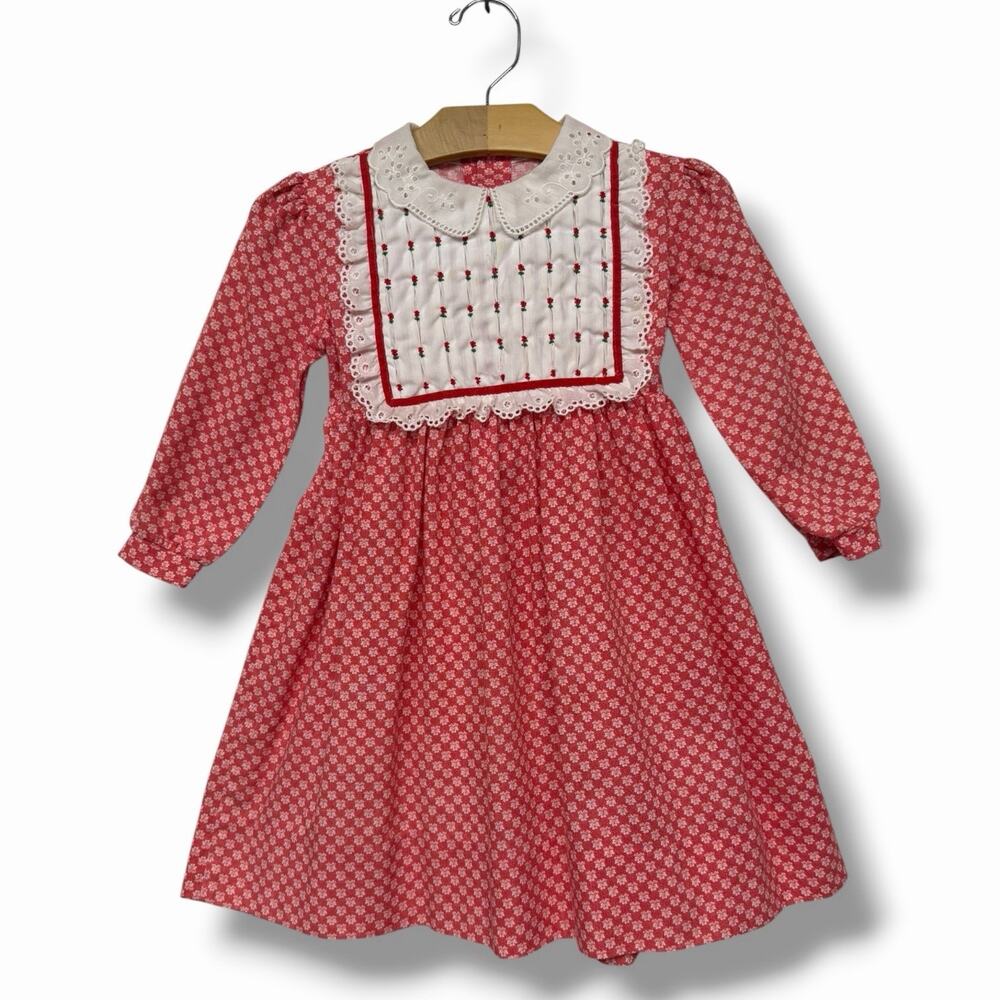 Vintage Girls Dress Smocked Embroidered Floral Prairie Peter Pan Lace Collar 4/5